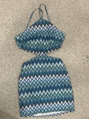 Hello Molly Teal & Blue Chevron Cutout Mini Dress